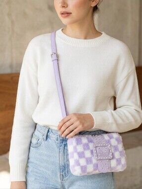 MISS GWEN's OMG ACCESSORIES Lavender & White Checkerboard Faux Fur Crossbody